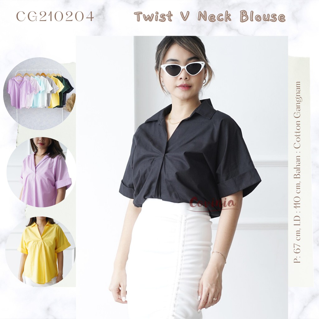 Twist V Neck Collar Blouse Bahan Katun Basic Top Cotton Gangnam - CG210204
