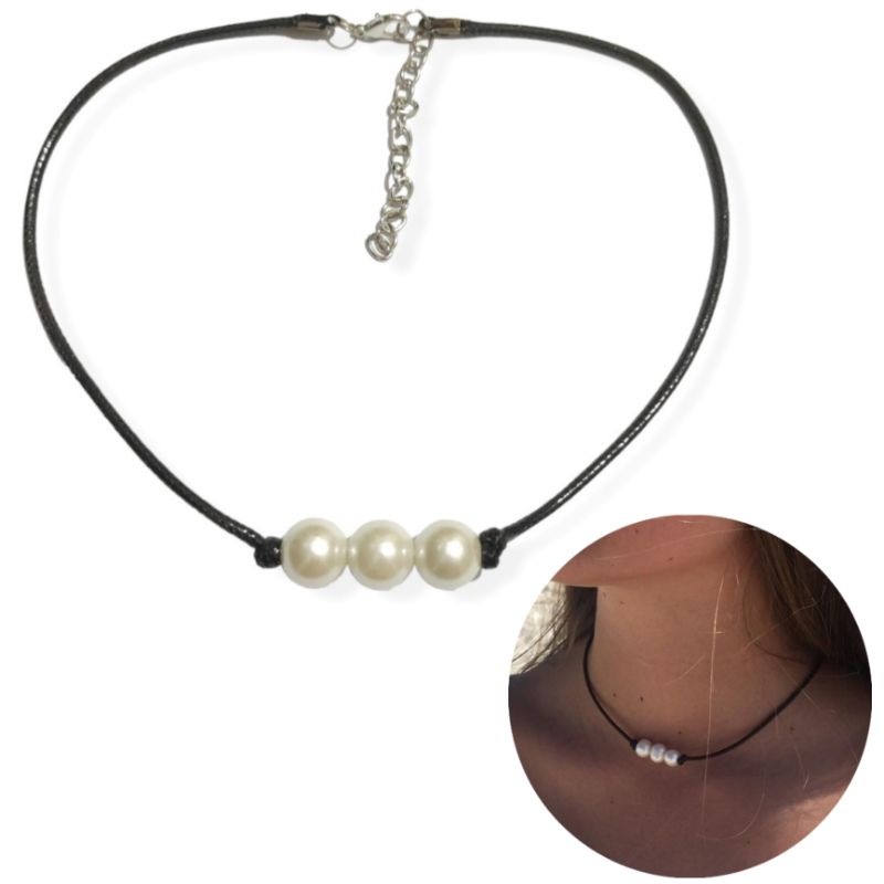 Kalung Choker Tali Tiga Mutiara Korea Pearl Korean Necklace Rope