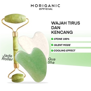 Image of Moriganic Green Guasha dan Jade Roller Face Roller Tool Pemijat Muka Wajah Ramping Pipi Tirus (BATU GIOK ASLI)