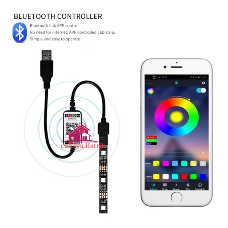 Paket Lampu LED Strip RGB 5V USB 5M 5050 IP44 3 TOMBOL Controller mini Bluetooth Tv Warna Warni