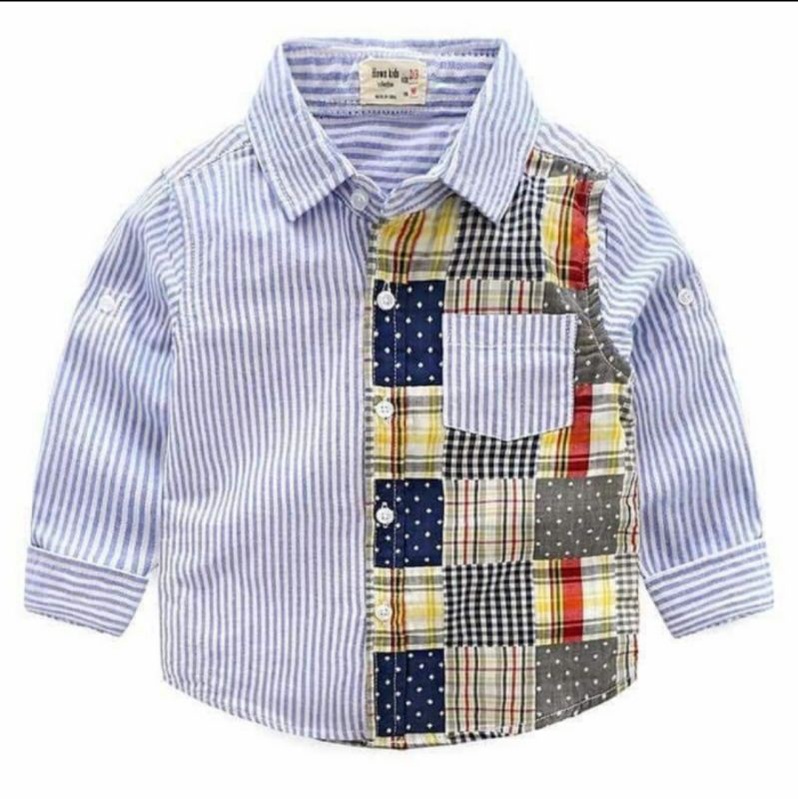 Kemeja Hem Anak Laki-Laki Import - Lengan Panjang Motif Kotak Warna Biru 2 - 8 tahun Cowok