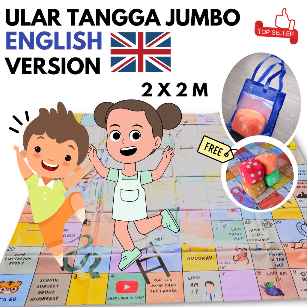 Ular Tangga Jumbo Mainan Edukasi Anak Tema Ajaran Bahasa Inggris ukuran 2 x 2 meter Gratis Dadu Bant