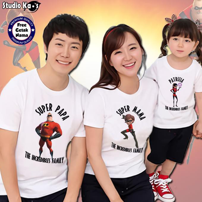 Baju Kaos Couple Keluarga Family 3 Pcs Motif Incredibles Gratis Cetak Nama Sablon Custom Nama