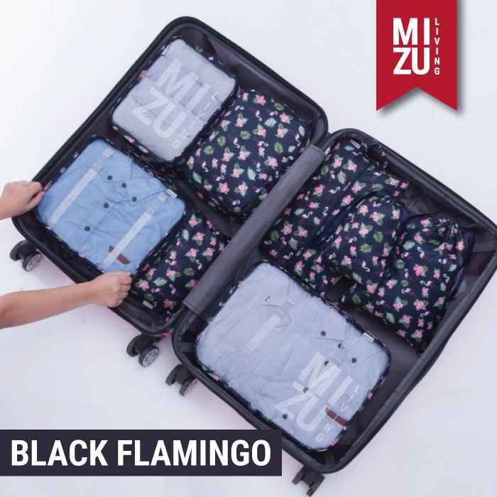 SECRET POUCH Travel Packing Cubes 8in1 Bag Organizer Tas Koper MOTIF-BLACK Flamingo