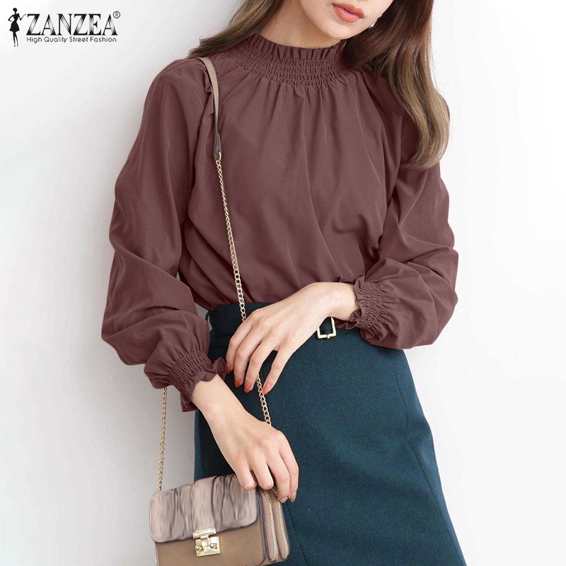 ZANZEA Retro Women Fashion Tops Blouse Solid Color Full Sleeve Turtleneck Casual Holiday Shirt