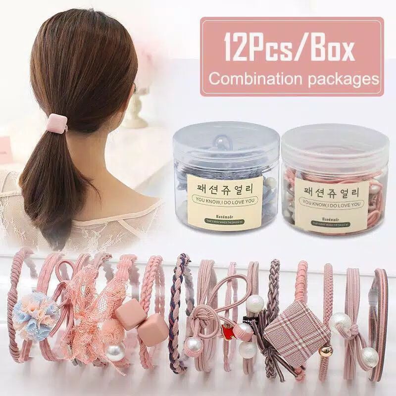 [1 BOX 12PCS] [FREE BOX] IKAT RAMBUT KARET KOREA GAYA FASHION CANTIK JELITA KUALITAS PATEN