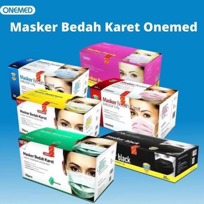 masker warna onemed karet medis 50's 3ply 50pcs 50 pcs ungu biru hijau kuning pink abu grey box