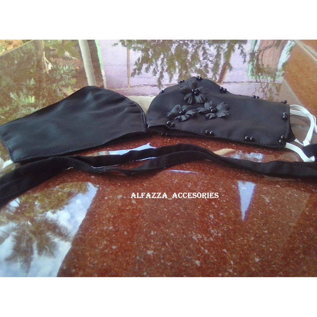 [hitam] masker akad hitam mutiara/ masker akad pengantin headloop/ masker premium/ masker wedding