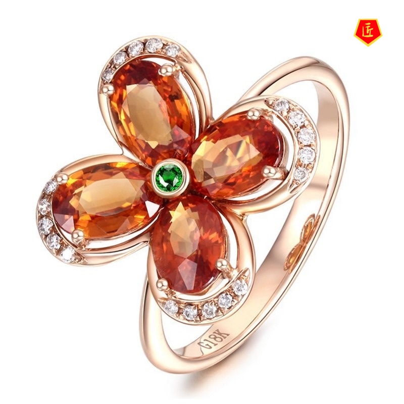 [Ready Stock]Elegant Gemstone Diamond Flower Ring 18K Rose Gold