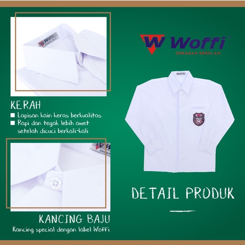 Seragam SD Woffi Kemeja Panjang Badge Special Edition Putih / SERAGAM SEKOLAH PUTIH LENGAN PANJANG BAHAN KATUN HALUS