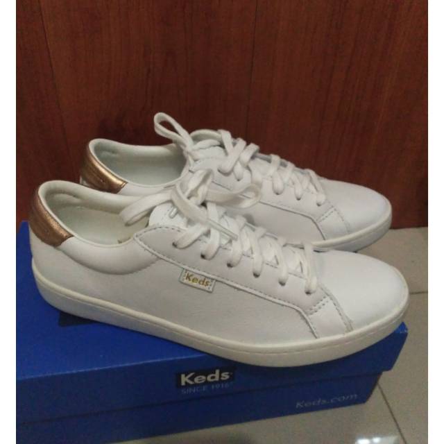 Keds ace lthr/met wht/ rose gold sepatu keds original leather white rose gold asli counter
