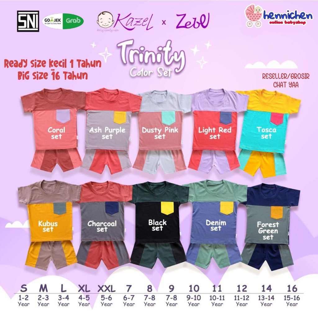 HARGA AMBYAR CUCI GUDANG SUPER PROMO 12.12  MURAH LEBAY PROMO MURAH KAZEL x ZEBE TRINITY COLOR SET SETELAN ANAK BAJU POCKET 3 WARNA 1-16 TAHUN PART 1