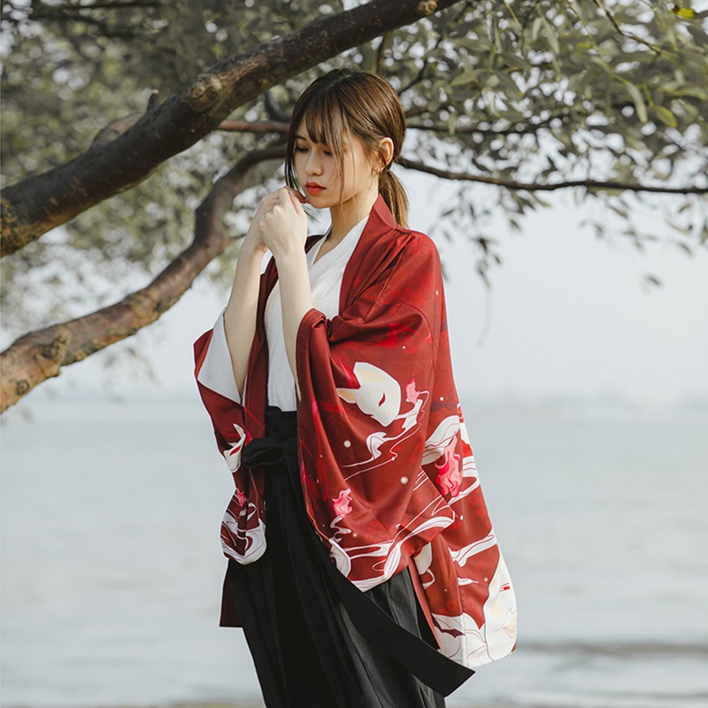 Fashion Street Cardigan Kimono Wanita Jepang Harajuku Kimono Longgar Pria Merah Ungu Pakaian 2023