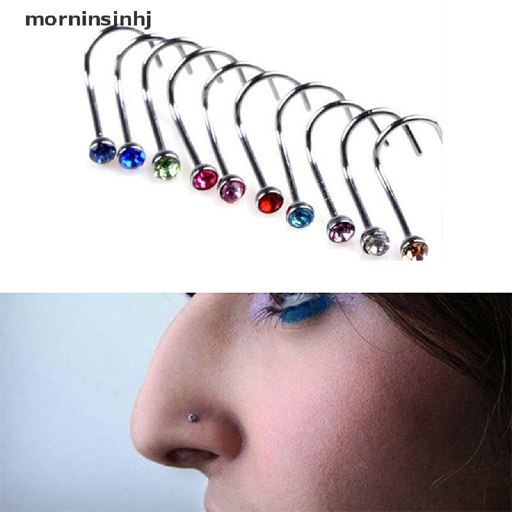 Mornin 10pcs Anting Tindik Hidung Bahan Stainless Steel Hias Kristal