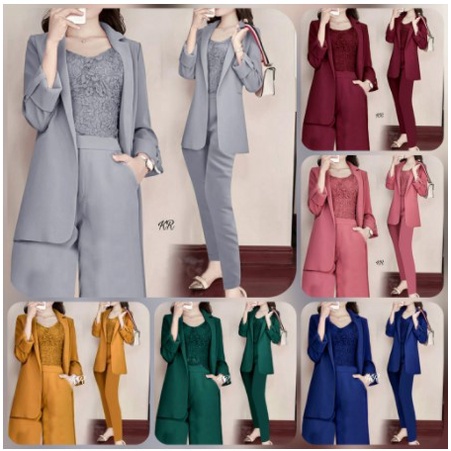 PAKAIAN WANITA SETELAN SET JIHYO 3IN1 MOSCREPE - BAJU WANITA SETCEL ATASAN DAN CELANA KANTORAN KERJA