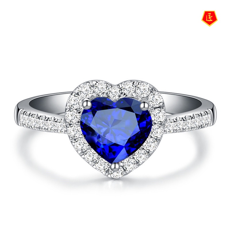 [Ready Stock]Heart-Shaped Sapphire Ring for Women Simple and Elegant