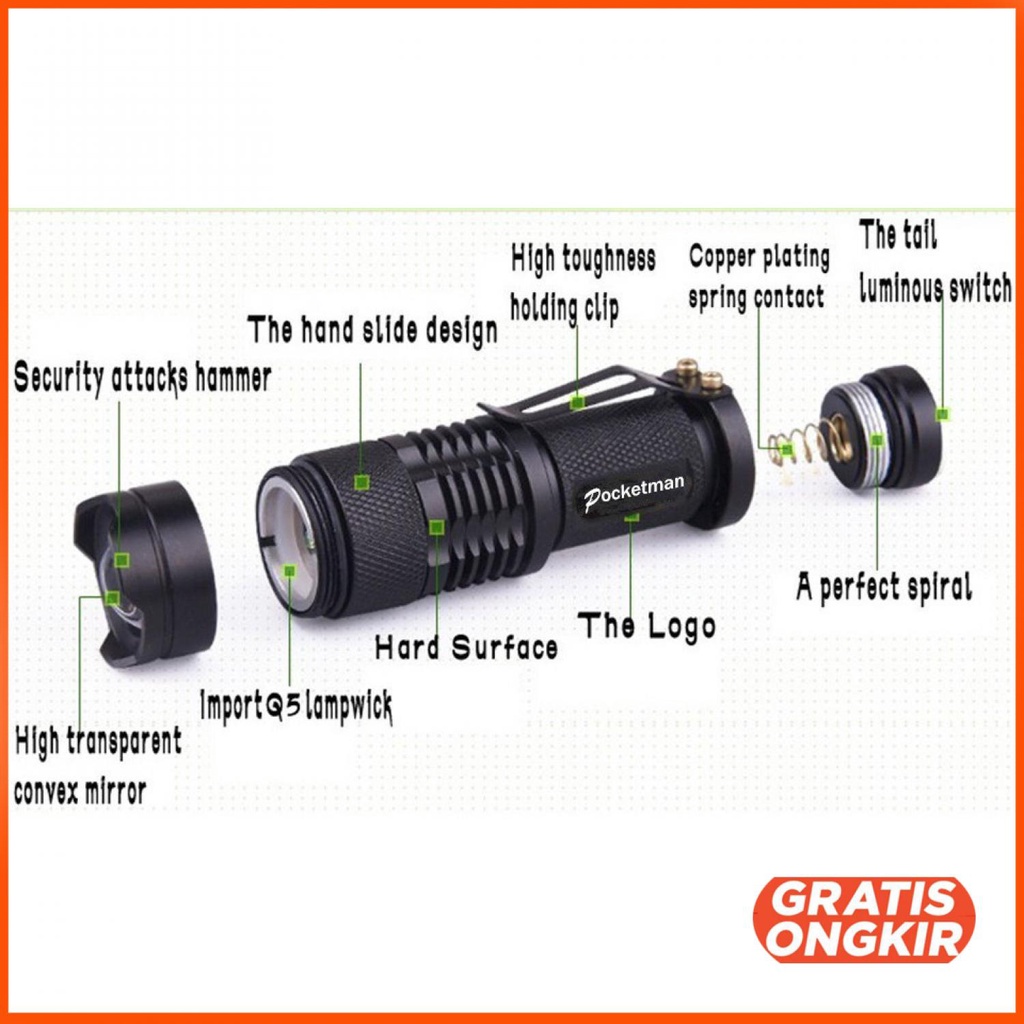 LED Senter LED 2000 Lumens Waterproof Pocketman P1