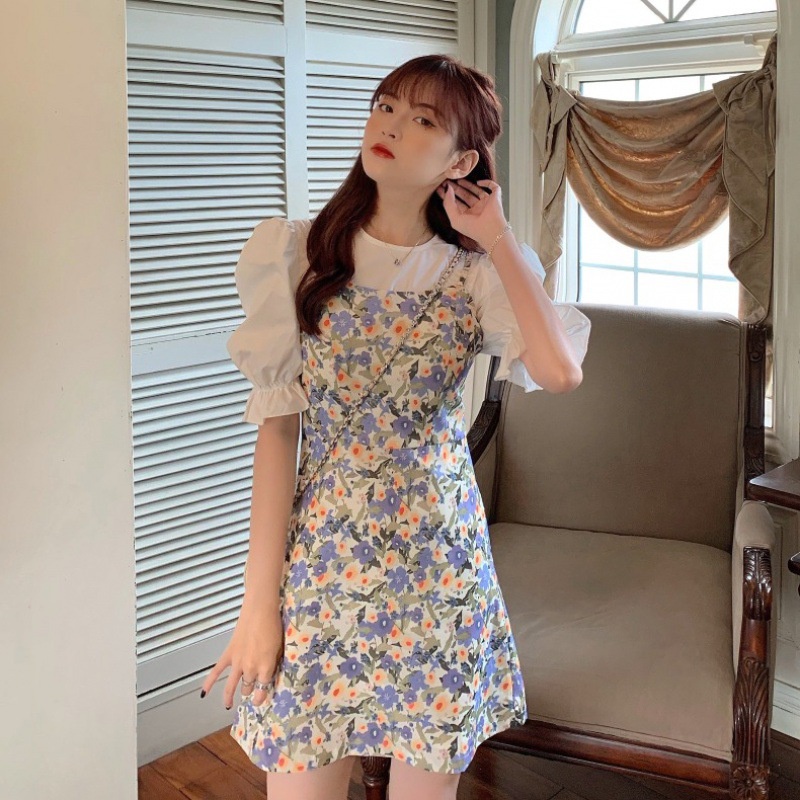 [littlecrab] Dress Bunga Set Inner Putih Model Kaos Outer Bunga Biru Dress Mini Lembut Berkualitas Korean Style