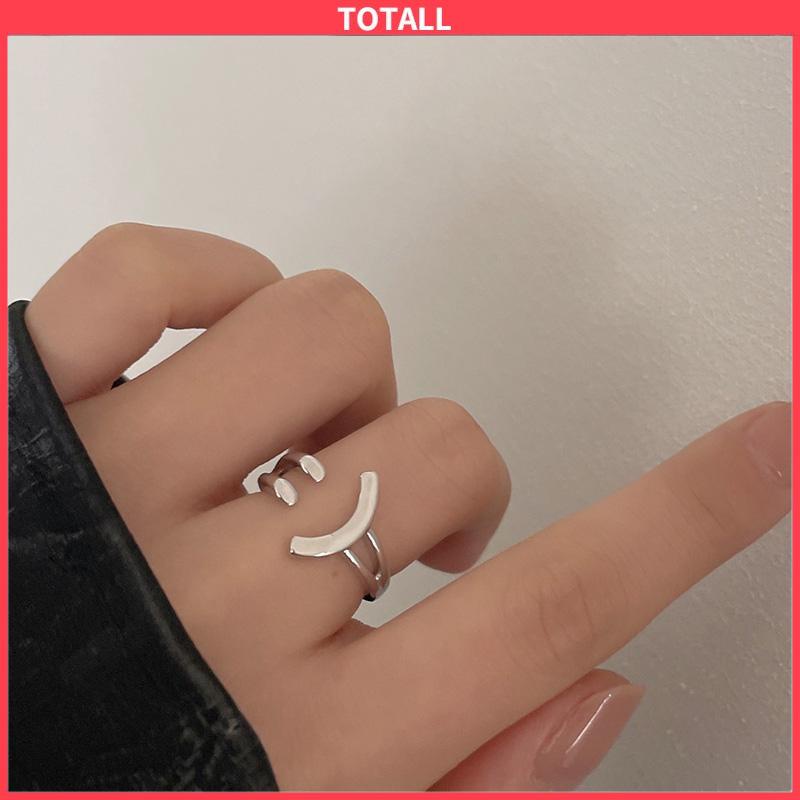 COD Cincin Model Terbuka Adjustable Desain Smiling Face Warna Silver Untuk Wanita-Totall