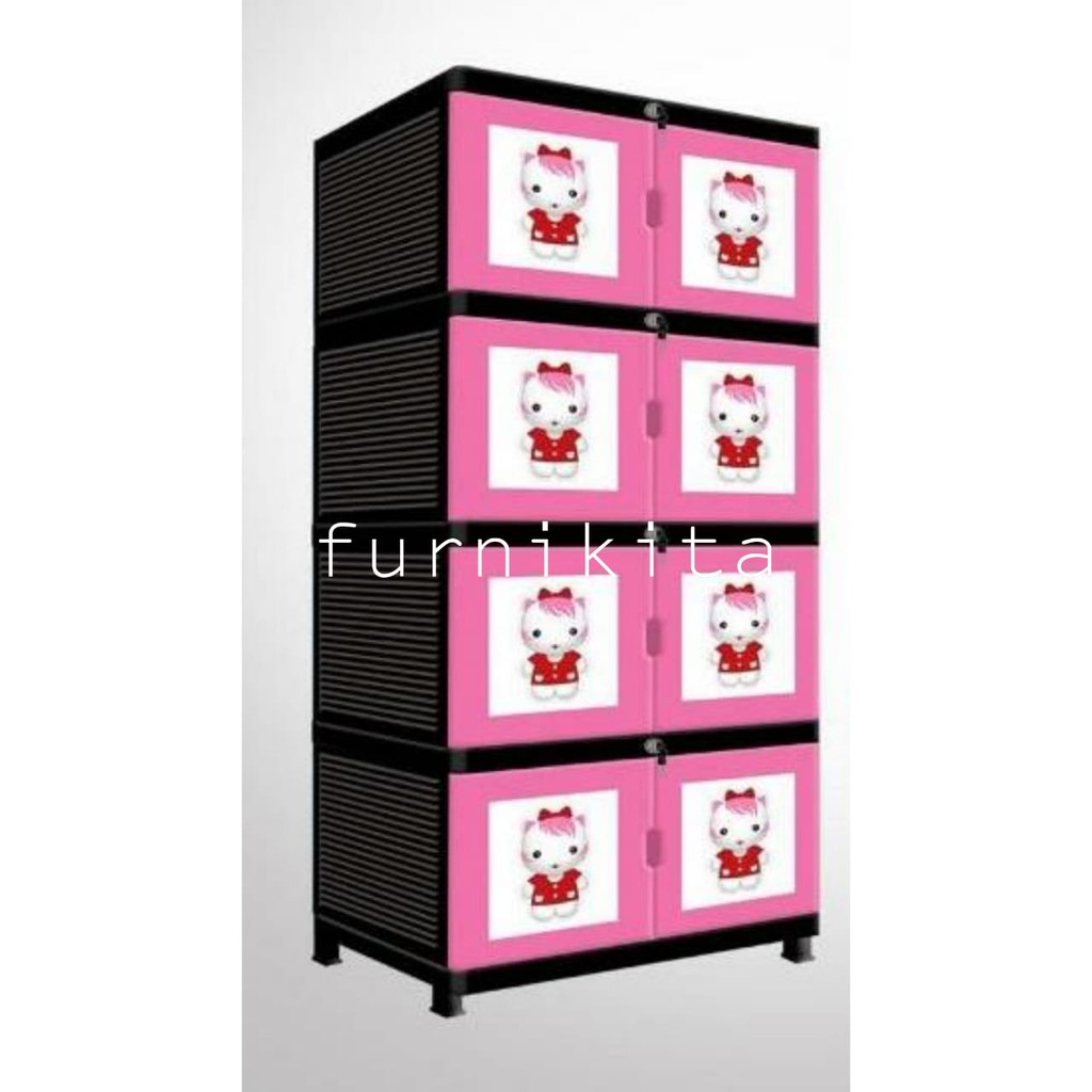  LEMARI  PLASTIK  SUSUN 4 FULL  KUNCI  HELLO KITTY MOTIF TIMBUL 