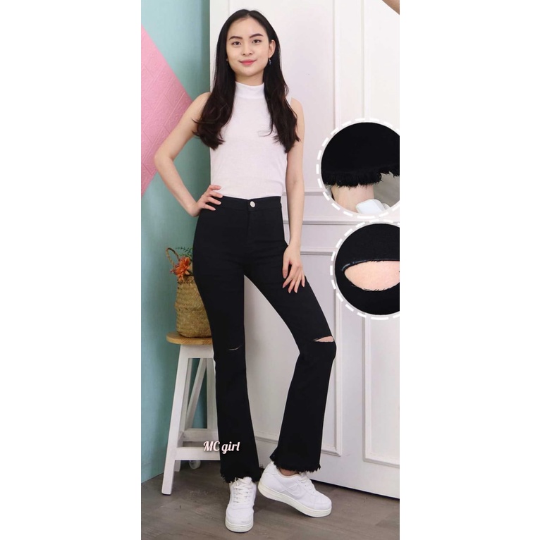 MC girl - Cutbray High Waist Sobek Garis Rawis Wanita / Celana Jeans Pinggang Tinggi Cutbrai Ripped Tidak Ada Lapis / Highwaist Cutbray Rumbai / Boot Cut 7C-G