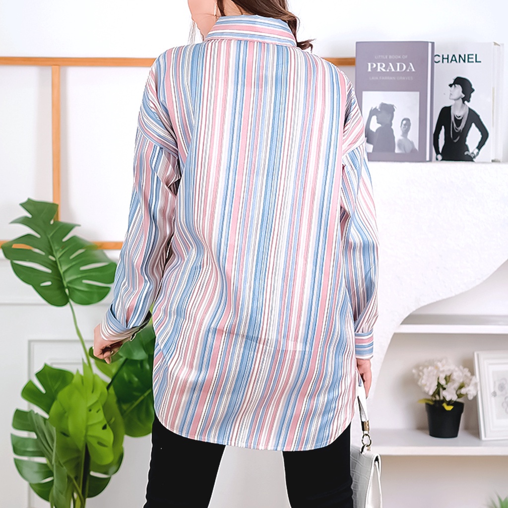 Tq88indonesia Fashion Kemeja salur  Wanita Terbaru / Kem Yovie New Stripe Blouse / Baju Atasan Wanita Kekinian / Ootd / Baju Santai Wanita / Kemeja Cewek Terbaru / Kemeja wanita Lengan Panjang