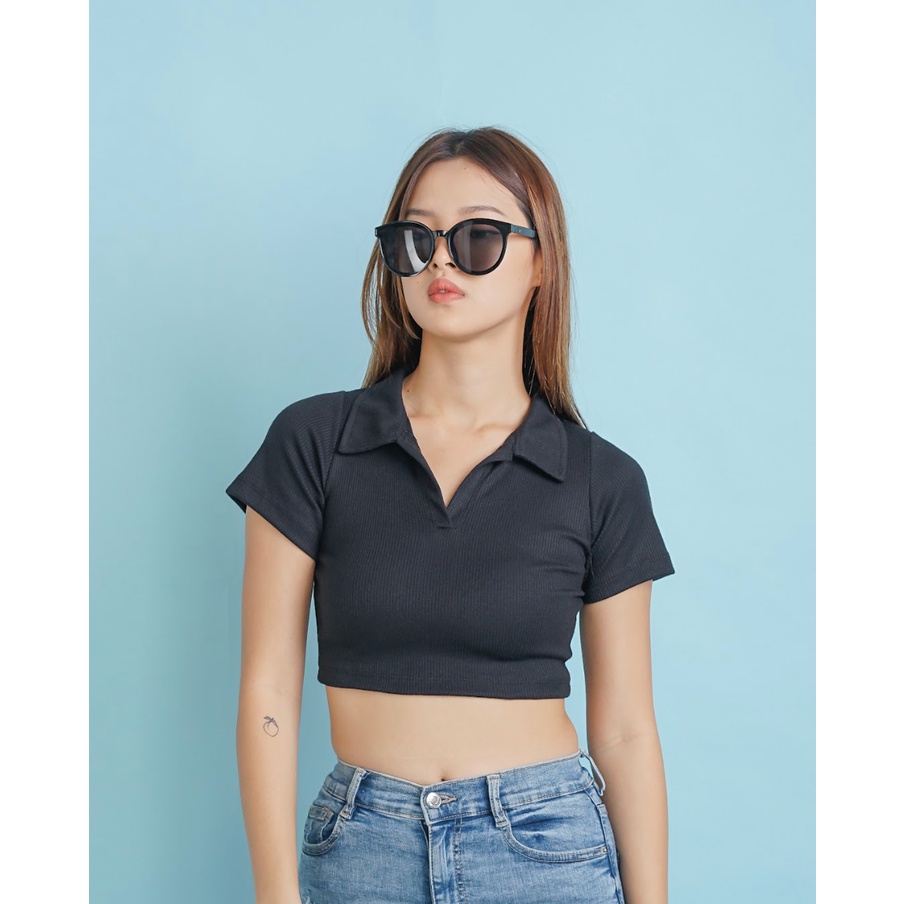 MODAVIE - LAURINE CROP TOP Korea Knit Polo Crop Tee Baju Atasan Wanita Basic Tee