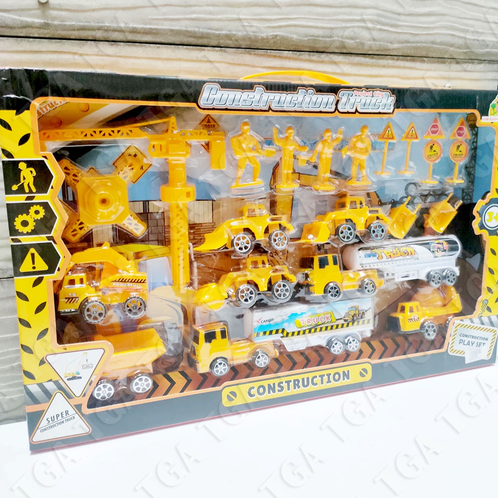 Project City Construction Truck 6368 Mainan Truk Konstruksi Mini Tower Crane Roller Excavator Lengkap Box Besar Cocok untuk Hadiah