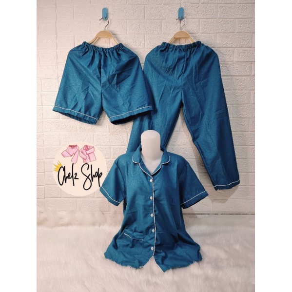 Baju Tidur Piyama Wanita Cewek Pajamas Dewasa Katun Motif Embos 3 in 1-3 IN 1 EM. BIRU TSCA