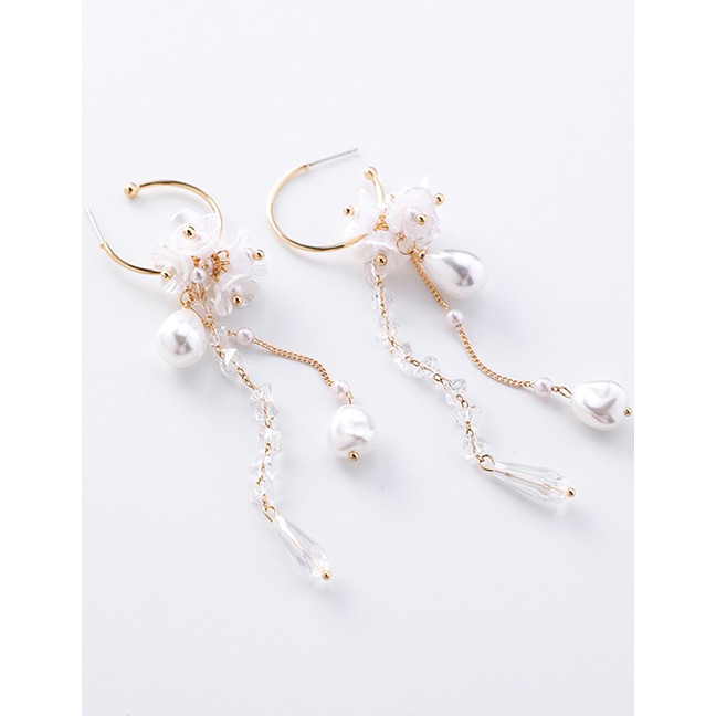 LRC Anting Tusuk Fashion Gold Pearl Crystal Flower Tassel F54845