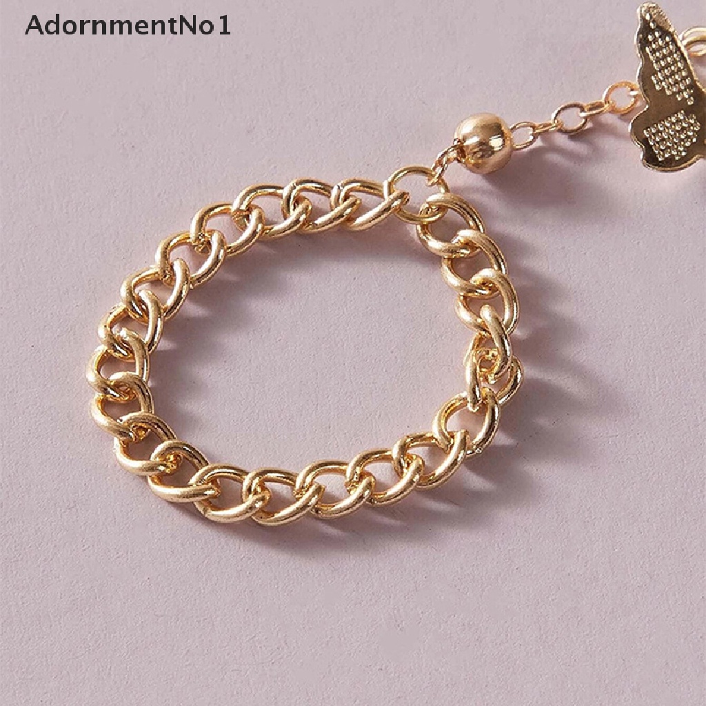 (AdornmentNo1) Gelang Tangan Rantai + Cincin Gaya Vintage Motif Kupu-Kupu Aksen Hollow Untuk Perhiasan Wanita Butterfly