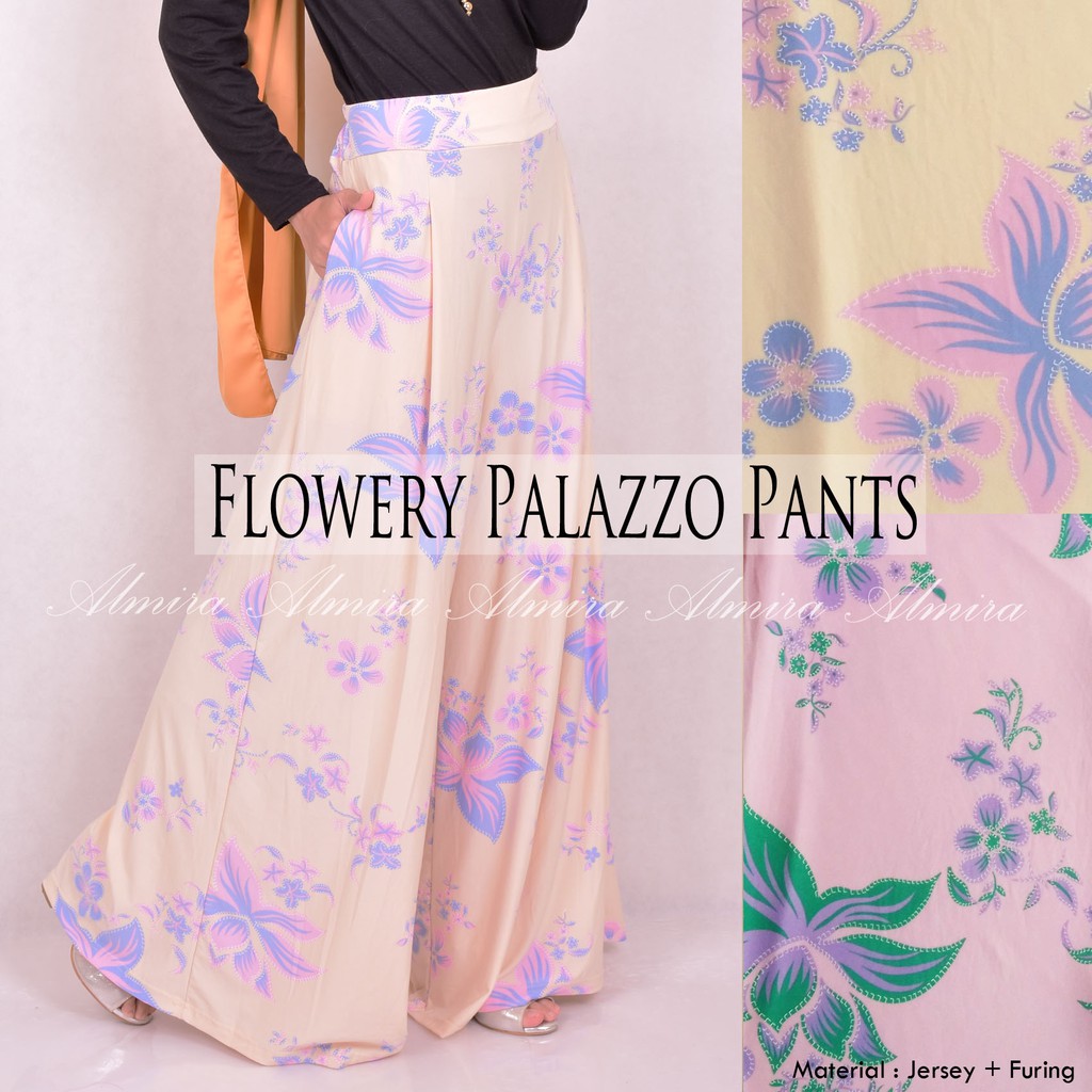 Bawahan Celana Kulot Lebar Motif Bunga Palazzo Pants + furing Babypink dan kuning