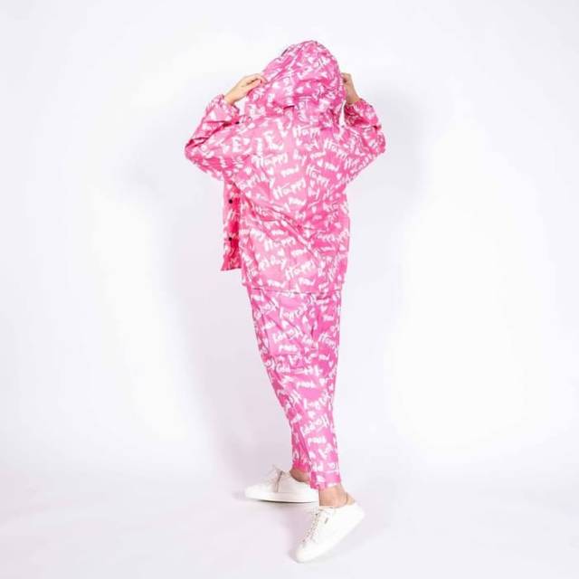Jas hujan setelan wanita mantel murah motif tulisan 81018 4U CLOTHING