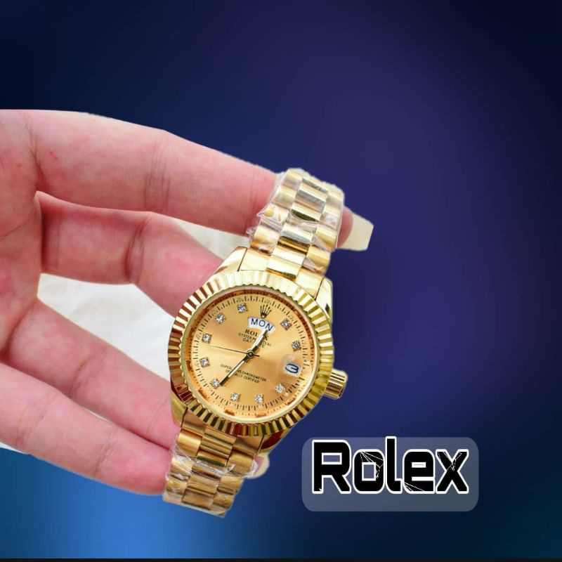 Jam Rolex Pria &amp; Wanita  (rantai stainless steel &amp; pengait chrome mas 18karat