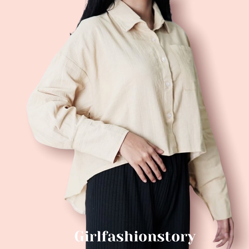 BEFAST - ZFS OOTD Wanita Kemeja Crop RINE / DAVY CRINKLE LINEN SHIRT / Kemeja Crop Wanita Remaja / Fashion Wanita Ala Korean Style / Kem Lengan Panjang / Kemeja Polos Formal / Terlaris