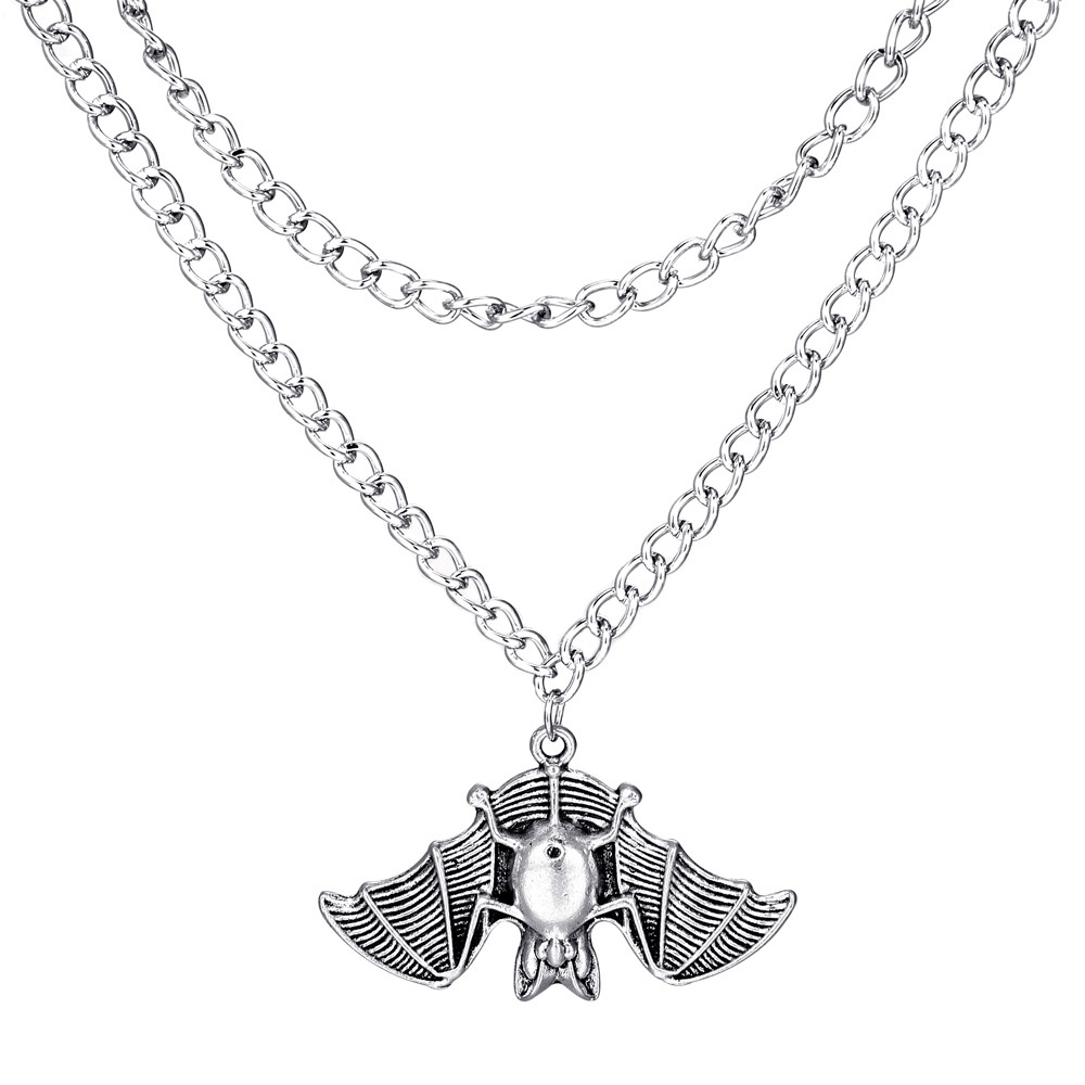 Liontin Kelelawar Perak Kuno Gothic Kalung Multi-layer Susun Yang Dipersonalisasi Aksesoris Fashion Halloween Yang Lucu Dan Berlebihan
