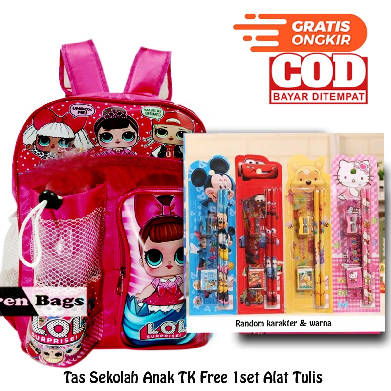 {Paket} Tas Sekolah Anak TK karakter Tas Anak Cewek Tas Ransel TK Free Botol minum &amp; Set Alat Tulis