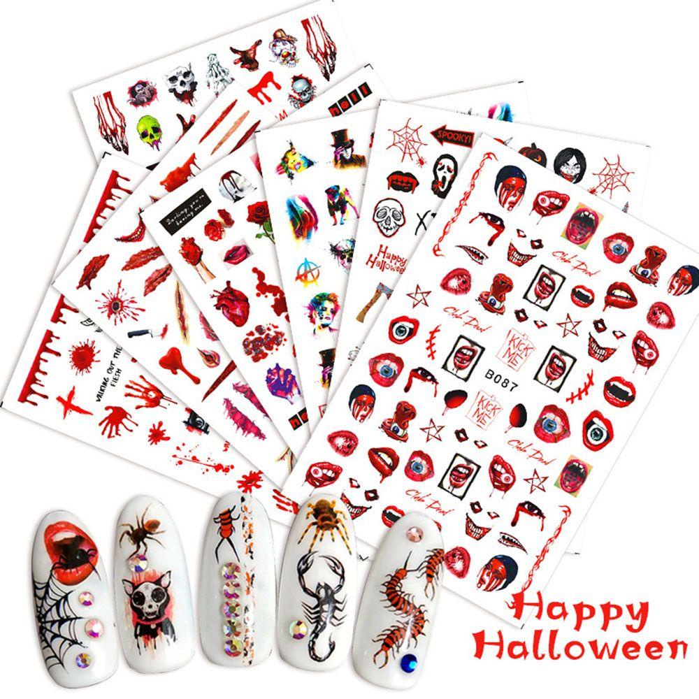 AUGUSTINA Agustina Nail Art Stiker Spider Web Tengkorak Halloween Bibir Merah Nail Decal