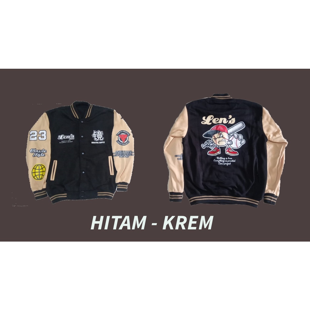 LENS/JAKET BOMBER PRIA/JAKET BOMBER BISBOL/ BASEBALL/ BOMBER SUKAJAN/JAKET BOMBER MURAYAMA/MURAYAMA/HIGH AND LOW/ JAKET ORIGINAL JEPANG/ JAKET KASUAL-HITAM KREM