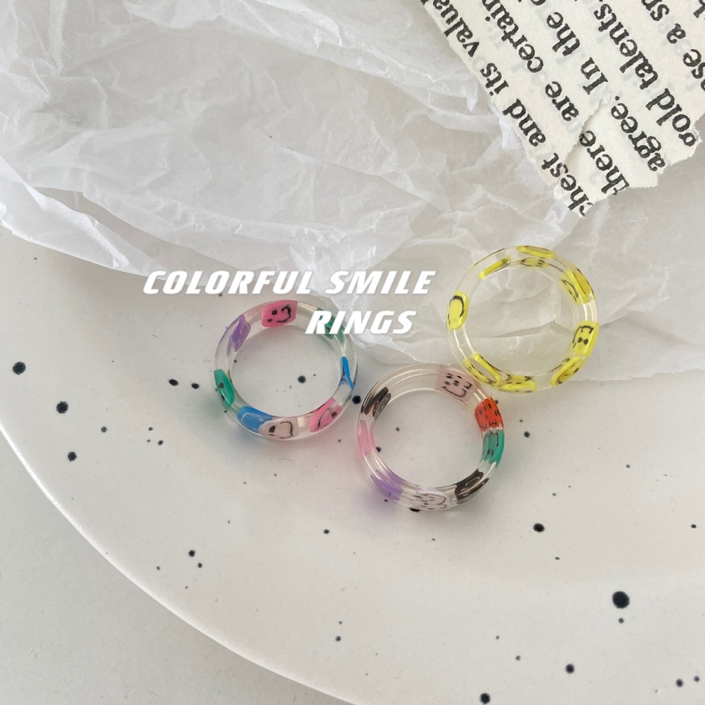 Cincin Desain Smiley Face Bahan Resin Gaya Korea Harajuku