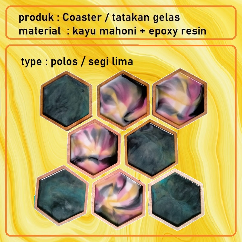 tatakan gelas : kayu + epoxy resin - hexagon/segi enam