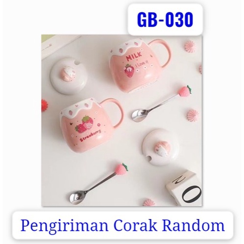 Mug Gelas Keramik Strawberry GB-030 Ada Tutup dan Sendok Termurah