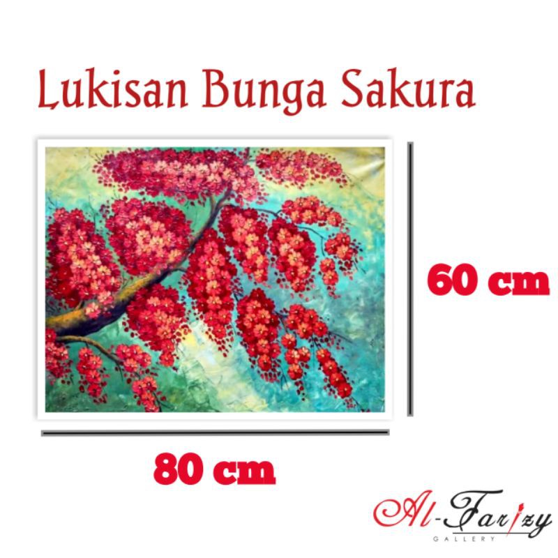 Lukisan Bunga Sakura Unik Minimis Kanvas Ukuran 100x80 cm &amp; 60x80 cm Lengkap dengan kayu penyangga