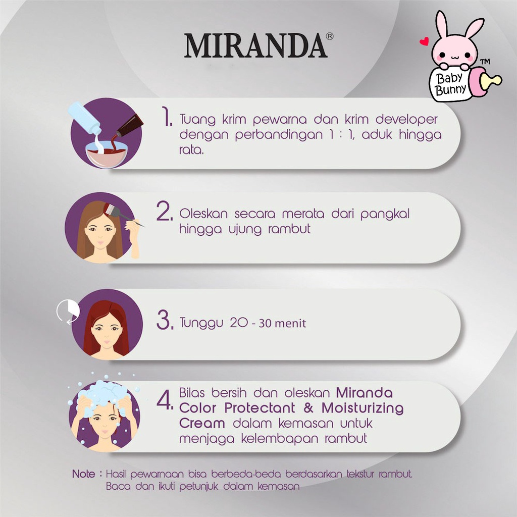 ❤ BELIA ❤  MIRANDA Premium Hair Color Cream 30mL + Peroxide 30mL | Semir Cat rambut | BABY BUNNY