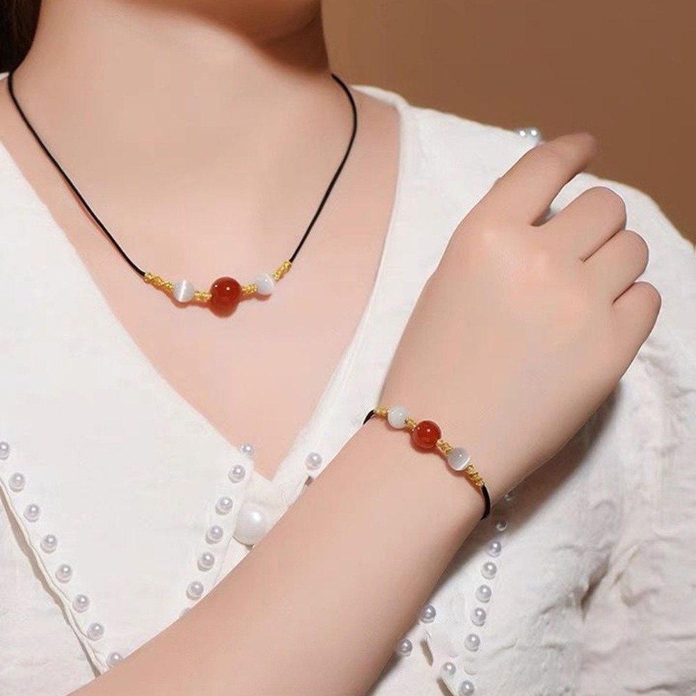 Kalung Gelang Liontin Manik-Manik Batu Akik Alami Warna Merah Gaya Korea Untuk Wanita