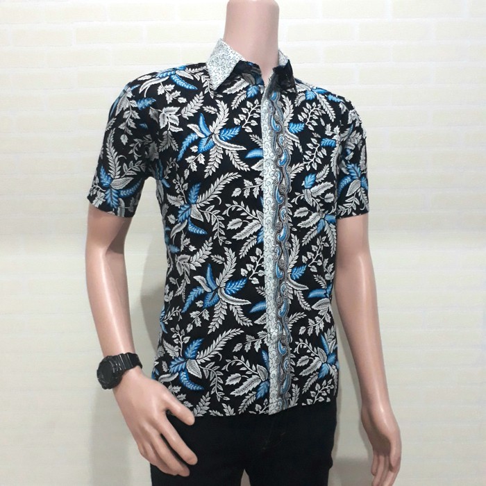 kemeja batik pria putih corak biru | BATIK PEKALONGAN INDONESIA - Biru- M