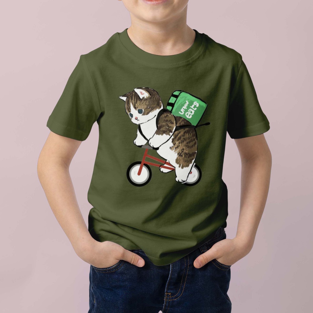 Kaos Anak Cowok Cewek Kucing Bersepeda Cotton Combed 30S