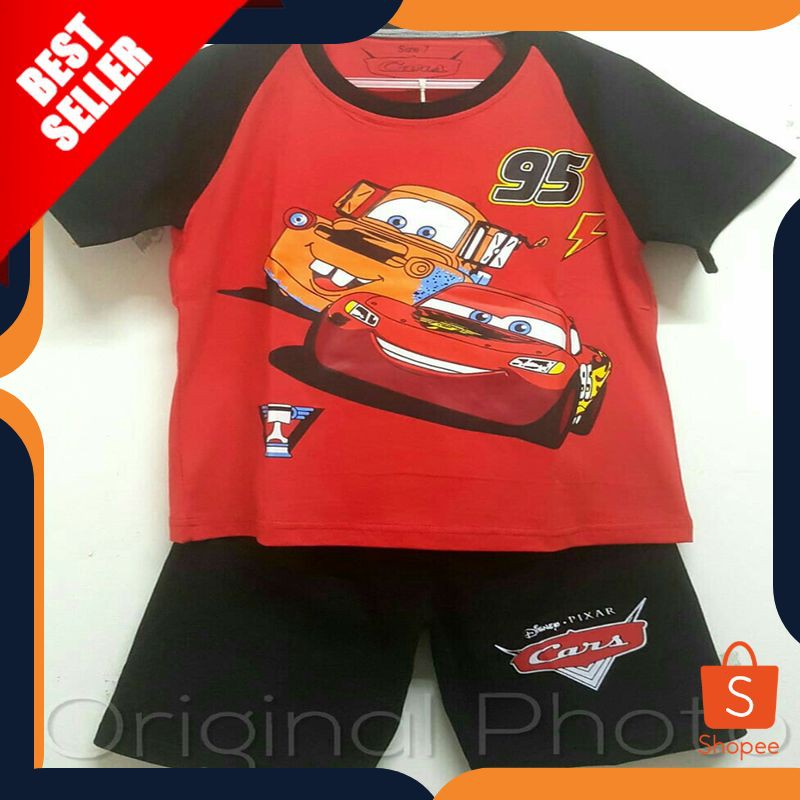 SETELAN ANAK  CARS MCQUEEN MERAH LENGAN HITAM | KAOS KARAKTER ori