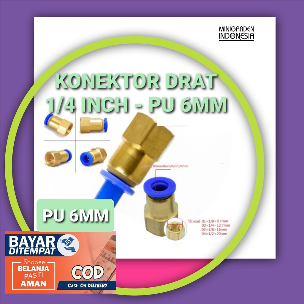 KONEKTOR POMPA DC DRAT 1/4 INCH KE SELANG PU 6 MM KUNINGAN Sambungan Slip Lock nepel tembaga irigasi