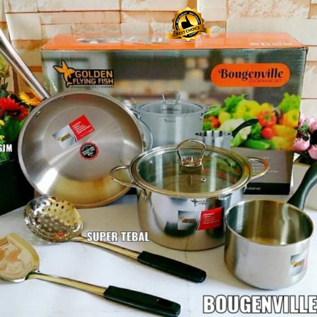 (BISA COD) PROMO Panci Set Golden Flying Fish Cookware Set Bougenville 6pcs STAINLESS STEEL Premium